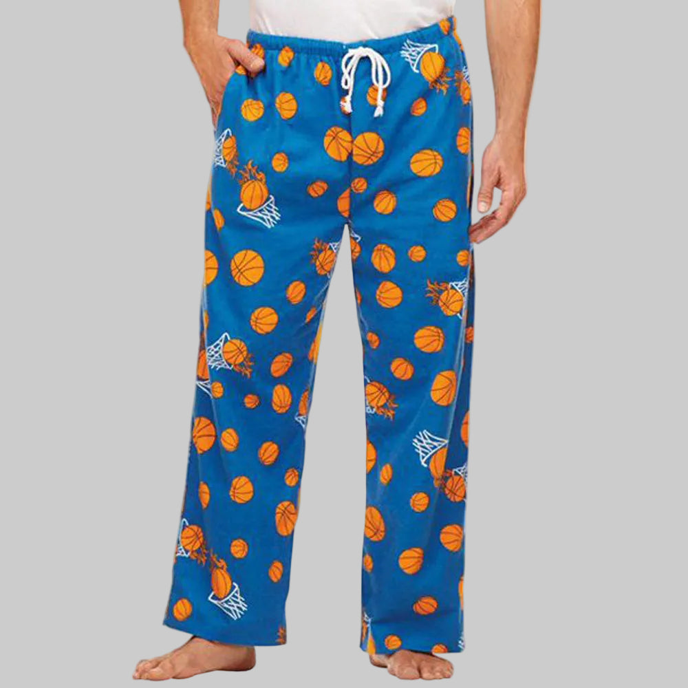 Shop Blue Basketball Cotton Flannel Pajama Pants with a soft fabric, relaxed fit, and comfortable waistband. Perfect for sleepwear and lounging.