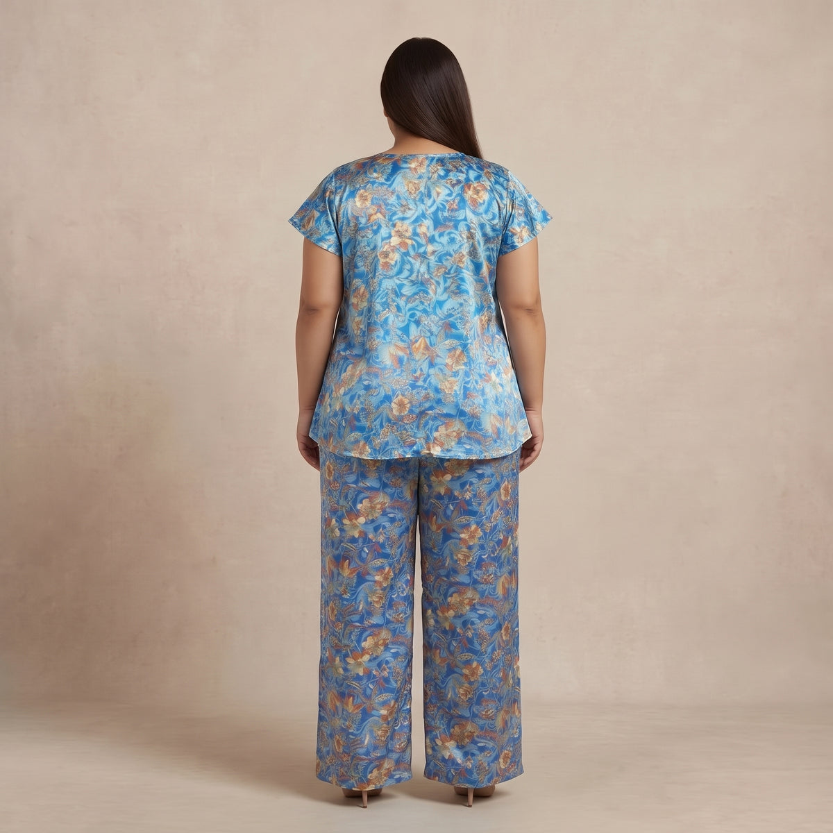 Blue Floral Print Silk Co-Ord Set for Women in elegant floral design