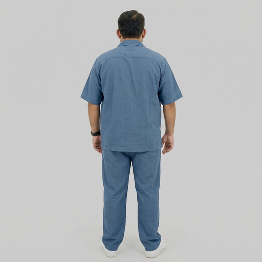 Blue Irish Linen Cuban Collar Co-Ord Set with Cuban collar shirt and matching trousers