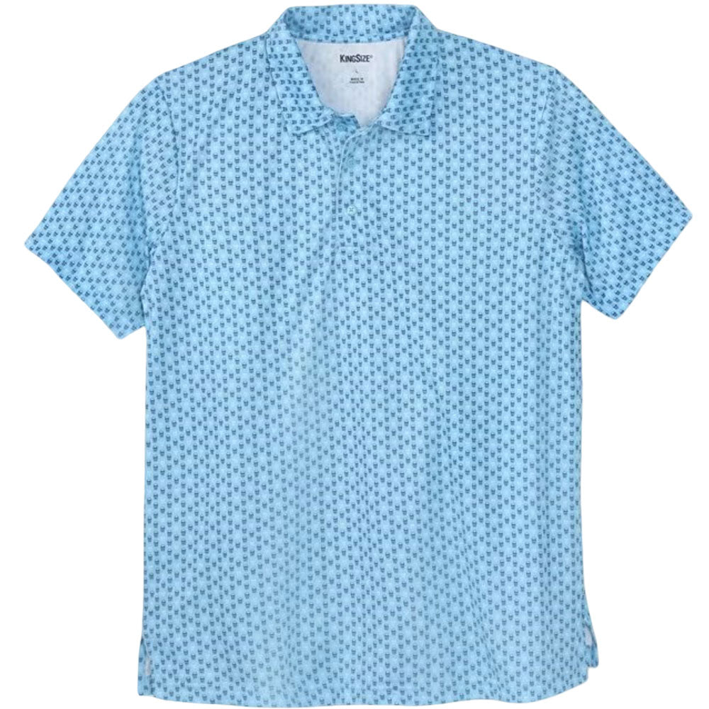 Blue moisture-wicking polo shirt with micro skull pattern and three-button placket