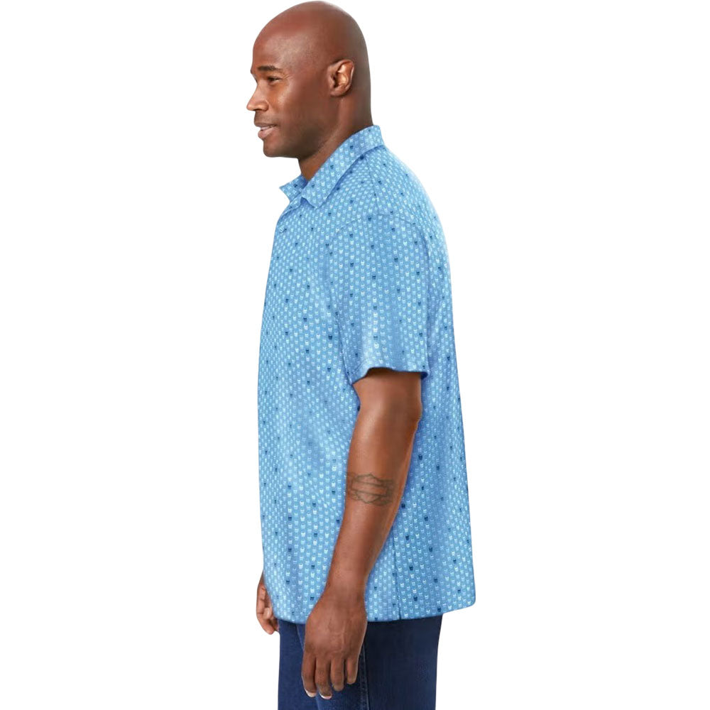 Blue moisture-wicking polo shirt with micro skull pattern and three-button placket