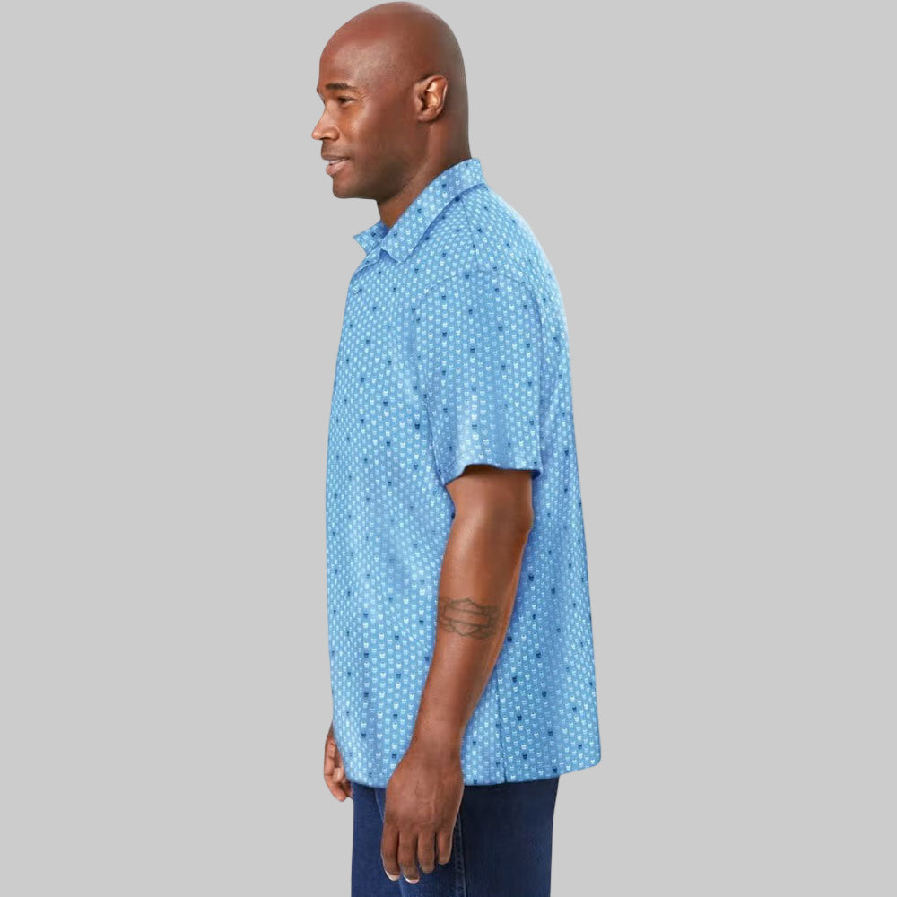 Blue moisture-wicking polo shirt with micro skull pattern and three-button placket