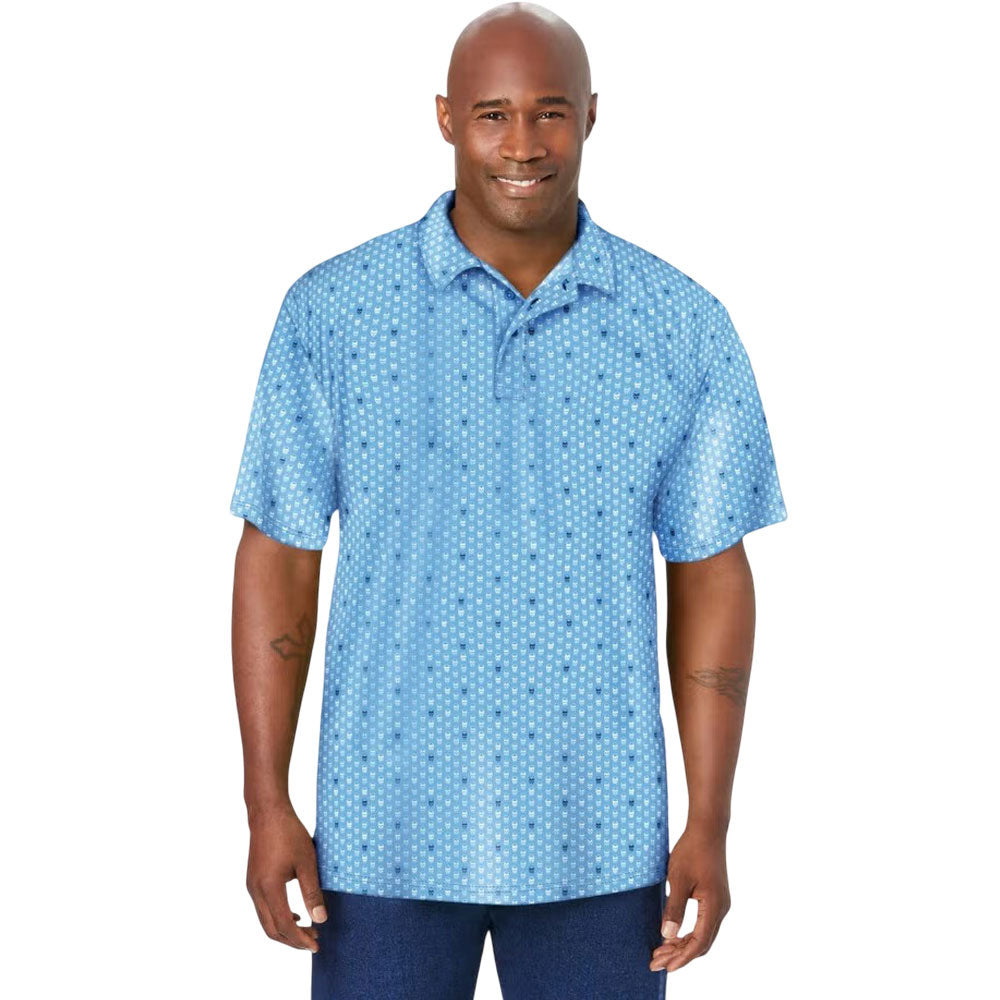 Blue moisture-wicking polo shirt with micro skull pattern and three-button placket
