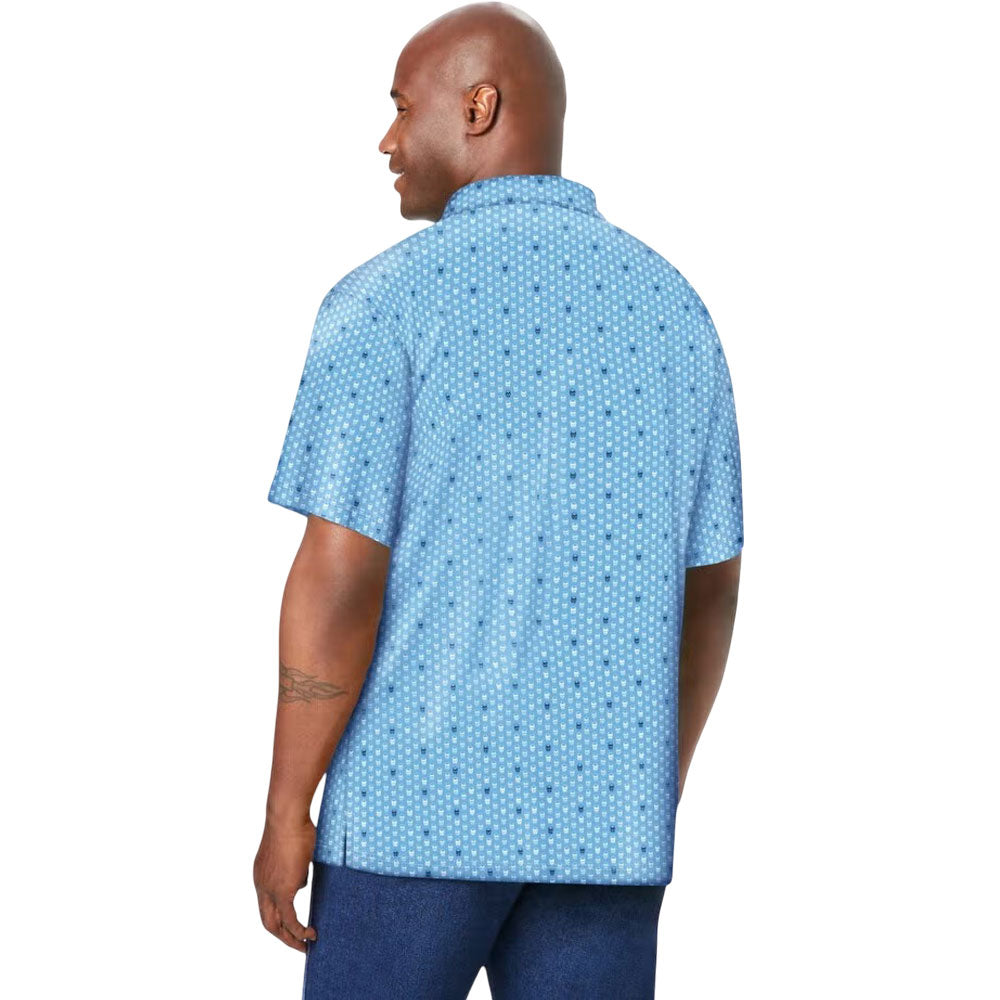 Blue moisture-wicking polo shirt with micro skull pattern and three-button placket