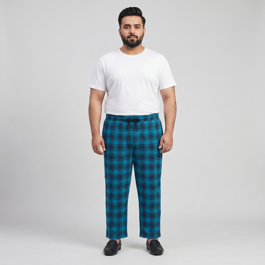 Blue Plaid Jersey Lycra Plus-Size Trousers PSM-9561