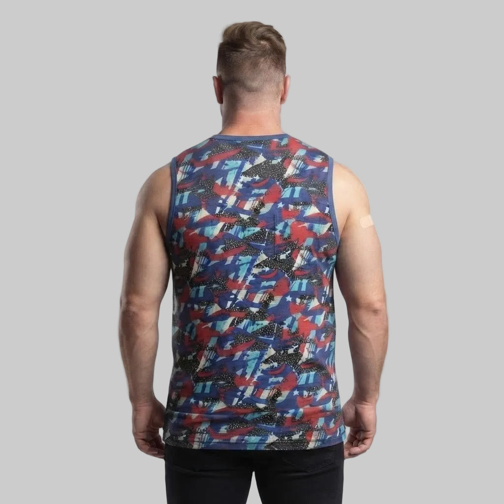 Front view of a Blue Red Camo Big & Tall sleeveless muscle T-shirt made from soft jersey cotton featuring an all-over camouflage print.