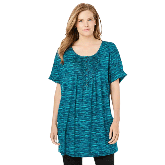 Blue Teal pintucked Henley short sleeve tunic