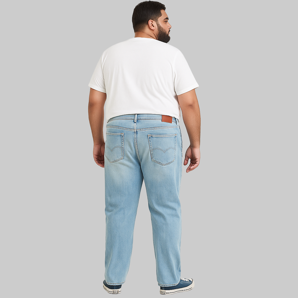 Front view of men’s Blue Wash Classic Stretch Jeans in stretch denim, showing button closure, zip fly, and 5-pocket styling on a clean white background.