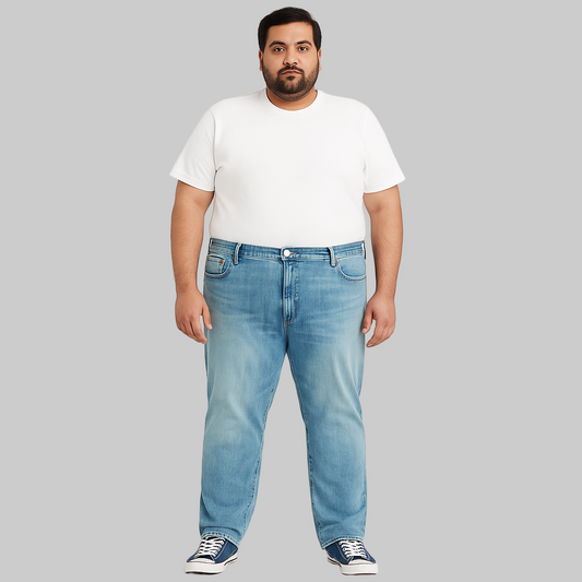 Front view of men’s Blue Wash Classic Stretch Jeans in stretch denim, showing button closure, zip fly, and 5-pocket styling on a clean white background.