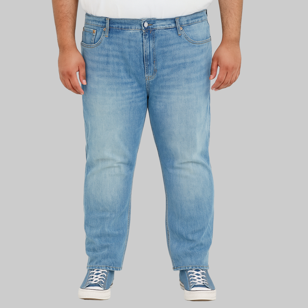 Front view of men’s Blue Wash Classic Stretch Jeans in stretch denim, showing button closure, zip fly, and 5-pocket styling on a clean white background.
