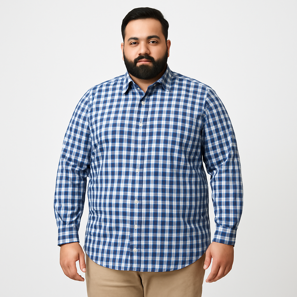 Blue & White Checkered Plus-Size Cotton Shirt PSM-10235