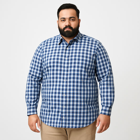 Blue & White Checkered Plus-Size Cotton Shirt PSM-10235