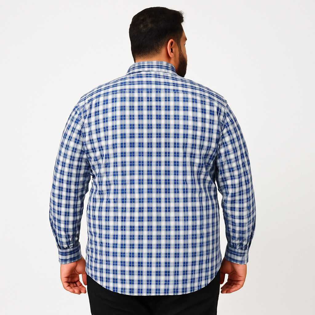 Blue & White Checkered Plus-Size Cotton Shirt PSM-10235