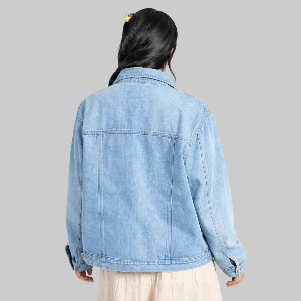 Blue western style denim jacket for women, front view, 100% cotton classic fit casual jacket.
