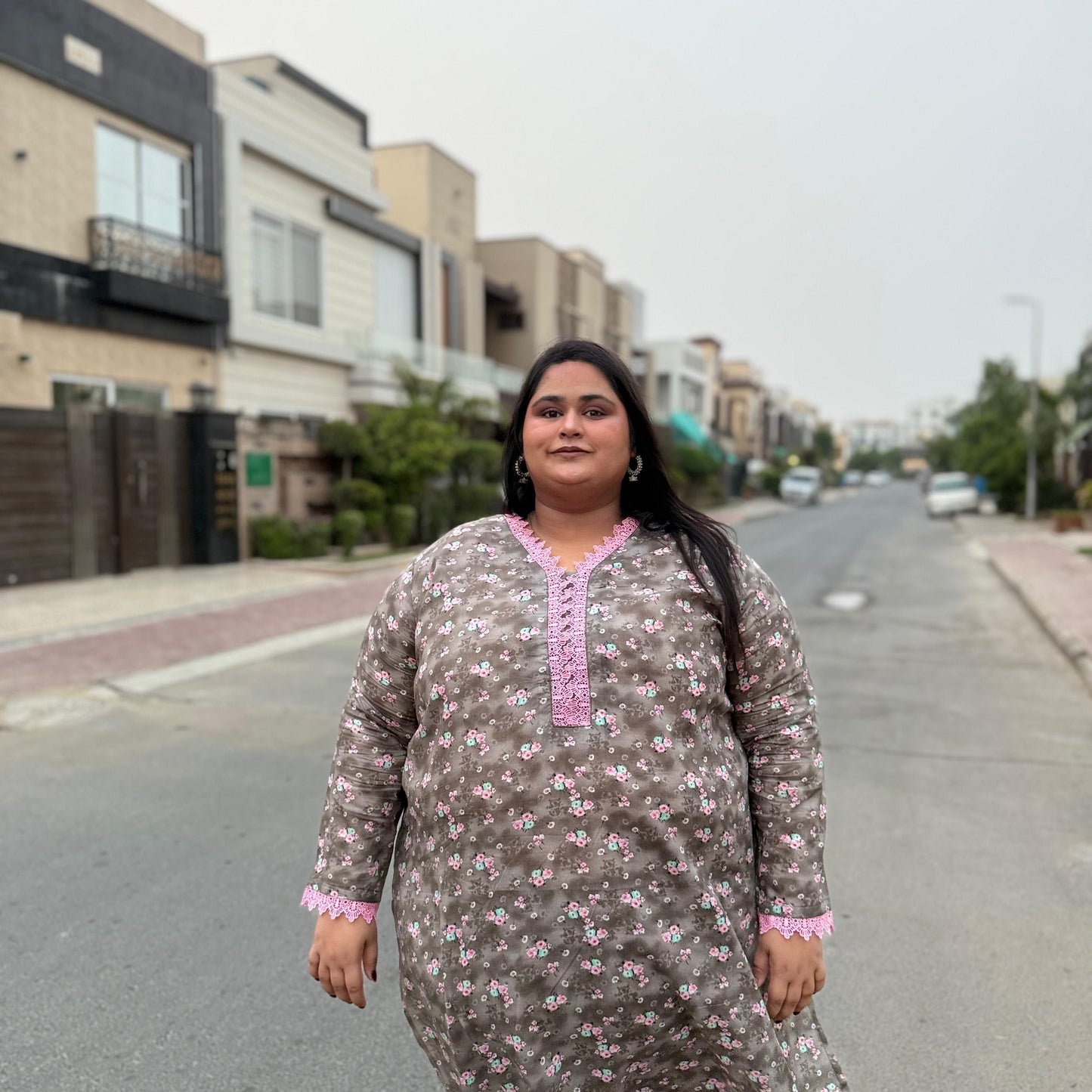 Blush Bloom – Plus Size Stitched Suit with Pink Lace (2PC) PSW-9494