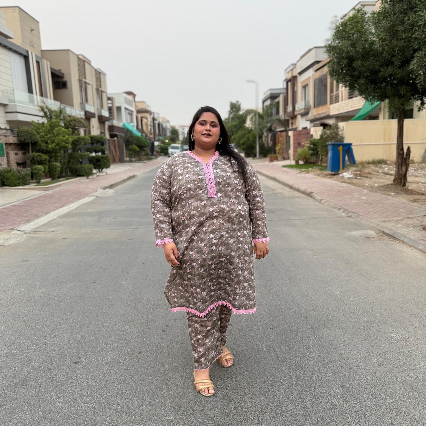 Blush Bloom – Plus Size Stitched Suit with Pink Lace (2PC) PSW-9494