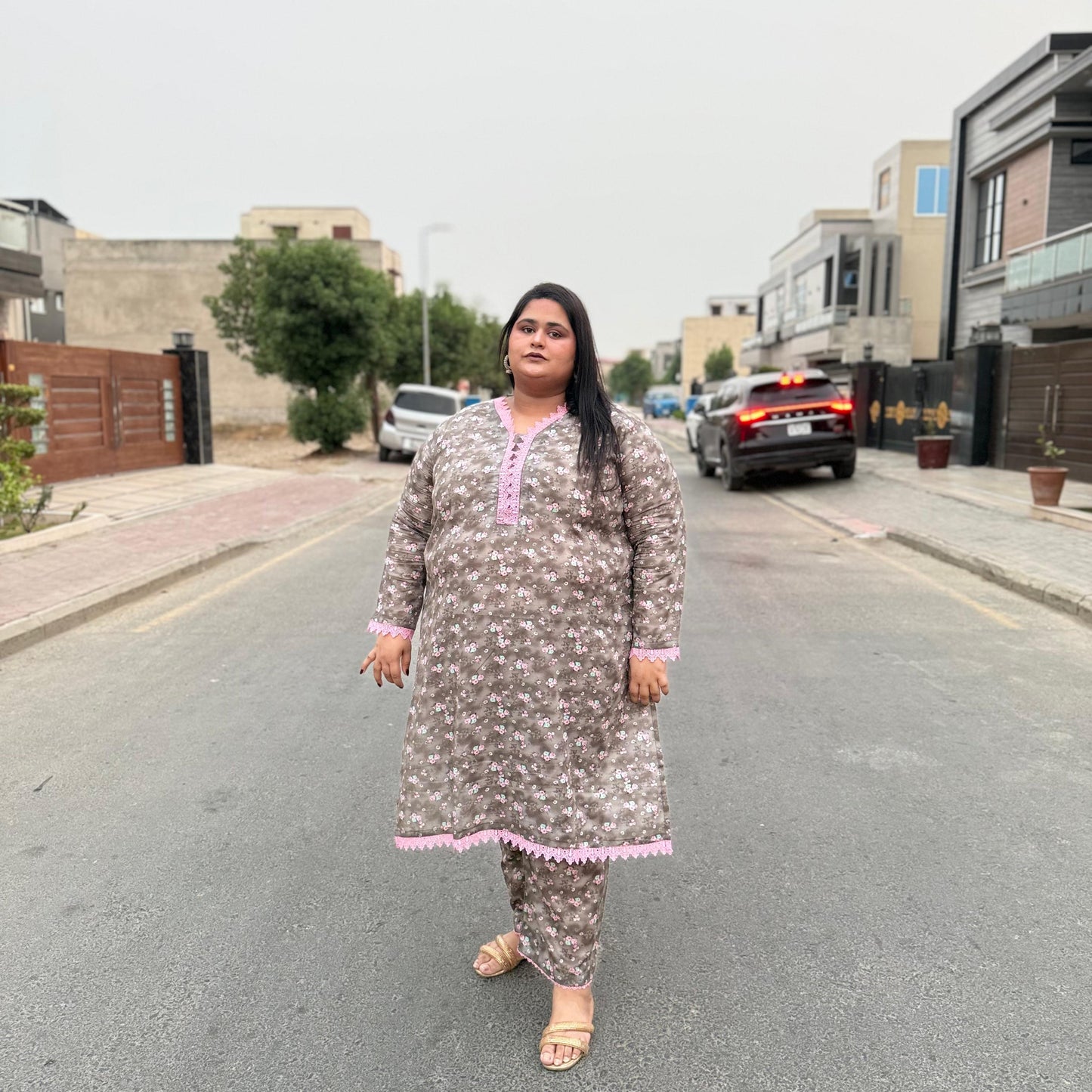 Blush Bloom – Plus Size Stitched Suit with Pink Lace (2PC) PSW-9494