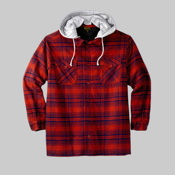 Plus-size Pakistani male model wearing Bordeaux plaid fleece-lined shirt jacket without hood on a light studio background, front and back view.