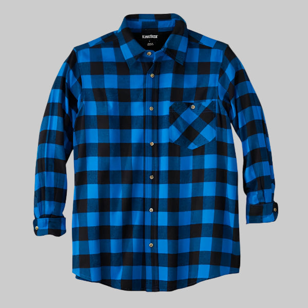 Bright blue buffalo check flannel shirt with chest pocket and relaxed Big & Tall fit