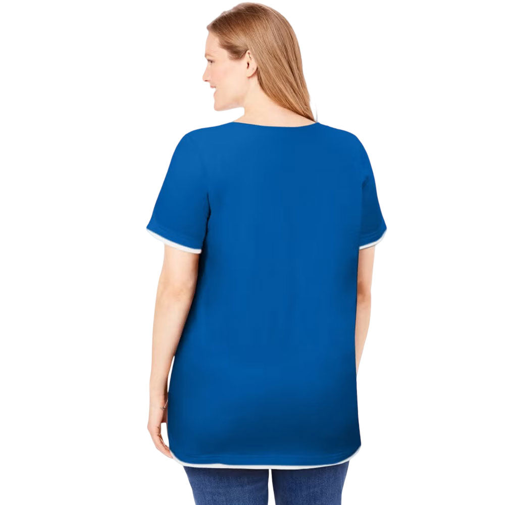 Bright Cobalt Layered-Look Henley Tee with Button Trim – Plus Size Women’s Casual Top in Pakistan