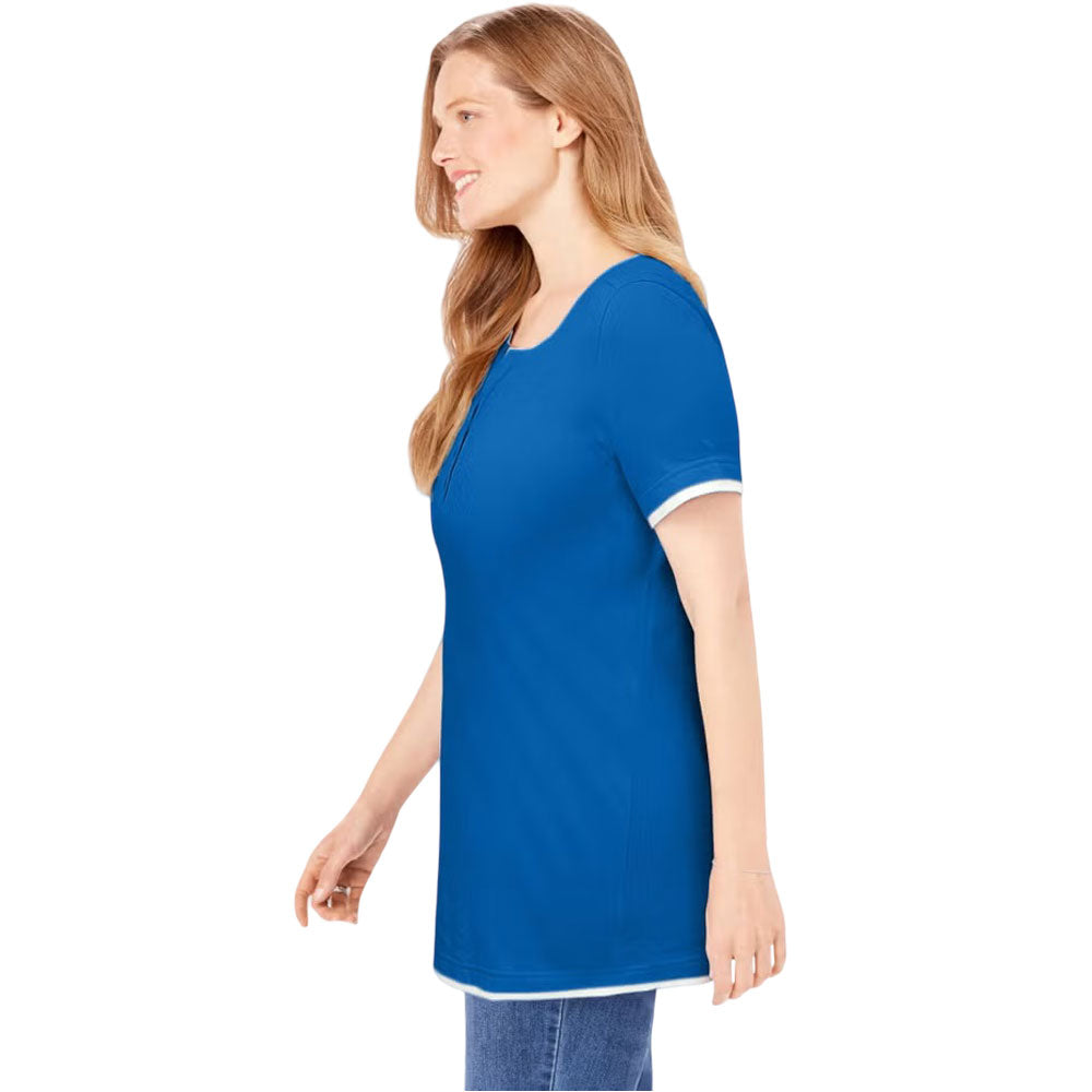 Bright Cobalt Layered-Look Henley Tee with Button Trim – Plus Size Women’s Casual Top in Pakistan