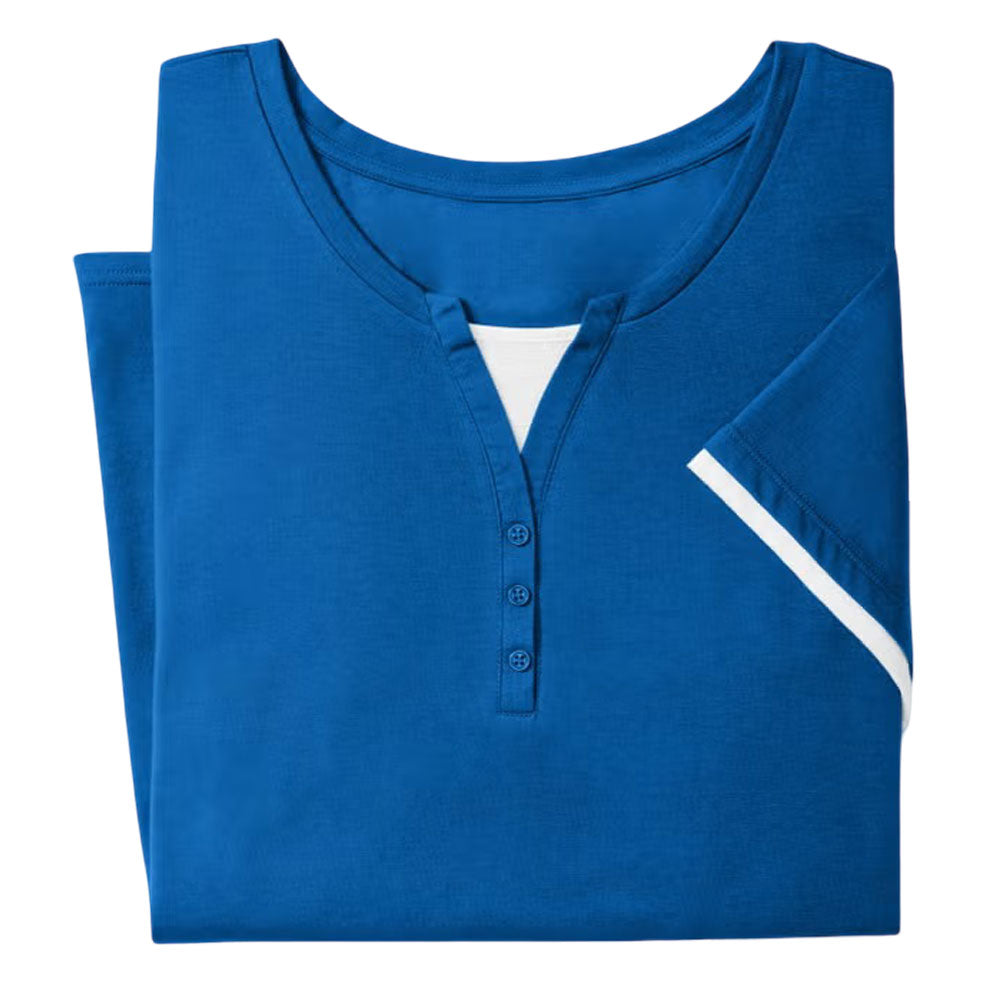 Bright Cobalt Layered-Look Henley Tee with Button Trim – Plus Size Women’s Casual Top in Pakistan