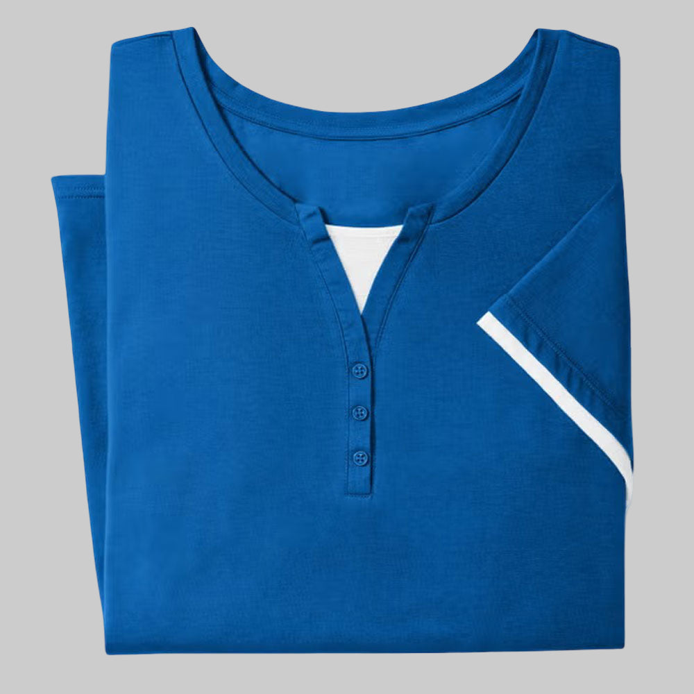 Bright Cobalt Layered-Look Henley Tee with Button Trim – Plus Size Women’s Casual Top in Pakistan