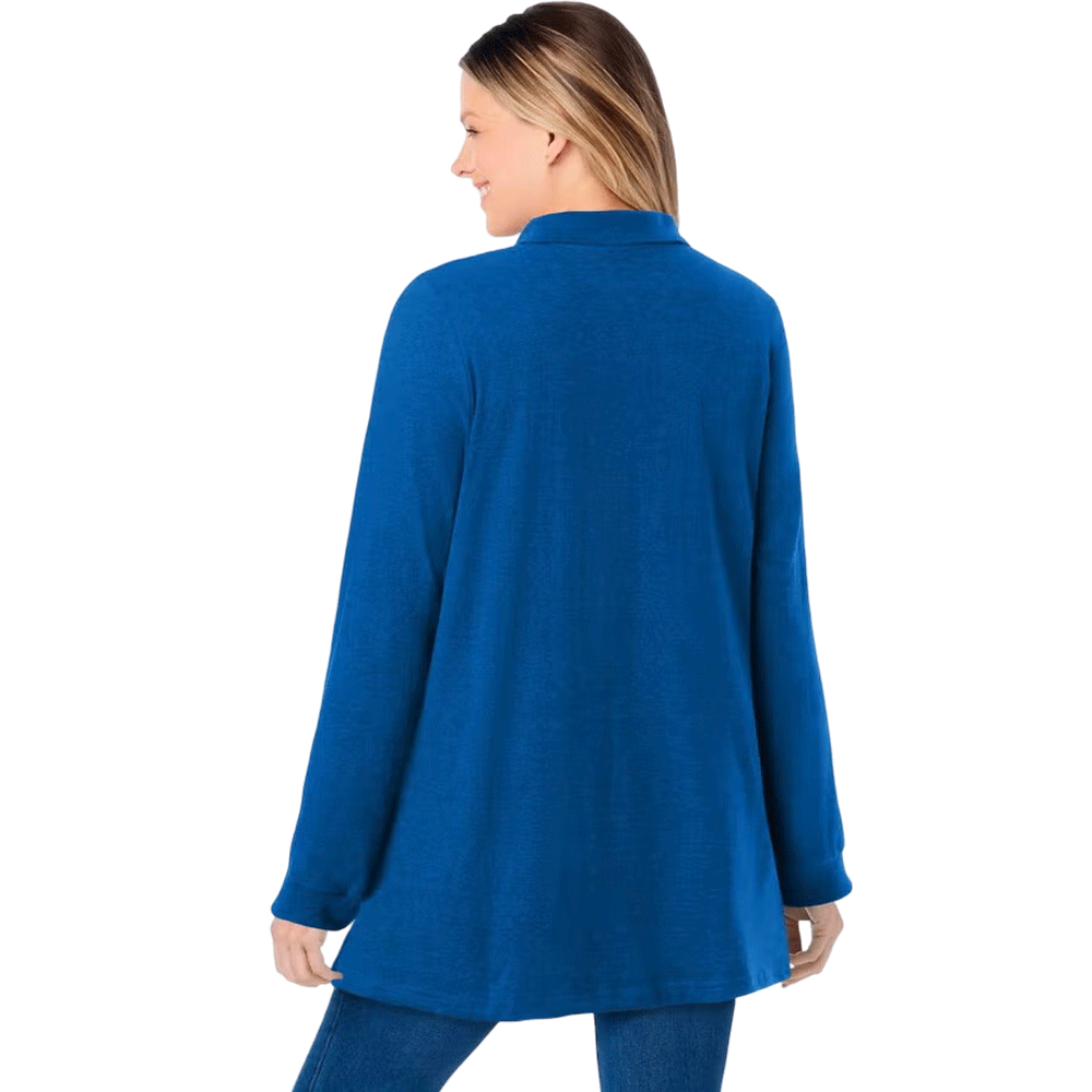 Bright cobalt long-sleeve polo shirt with button placket and collar, shown on a plus-size mannequin in soft knit fabric.