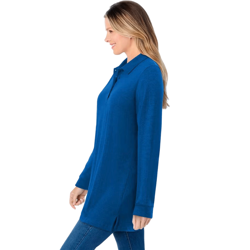 Bright cobalt long-sleeve polo shirt with button placket and collar, shown on a plus-size mannequin in soft knit fabric.