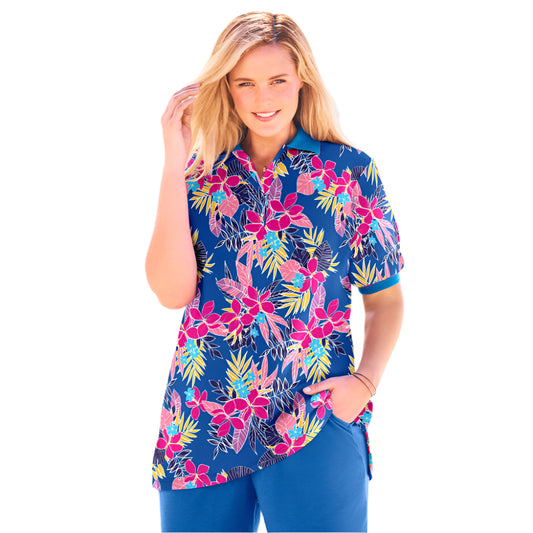 Bright Cobalt Elbow-Sleeve Polo Tunic with Tropical Print – Cotton Blend Casual Top