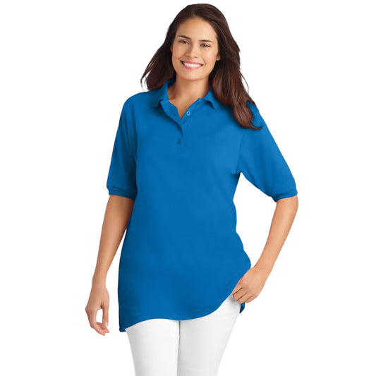 Bright cobalt women’s short sleeve polo t-shirt with collar and button detail, front view