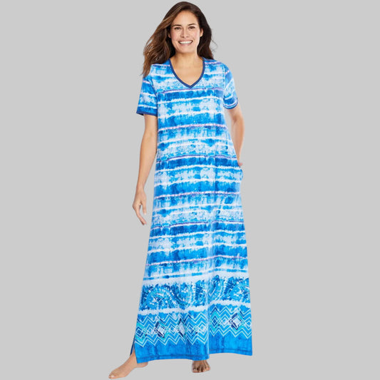 Bright Cobalt Tie Dye Stripe Long T-Shirt Lounger for Plus Size Women