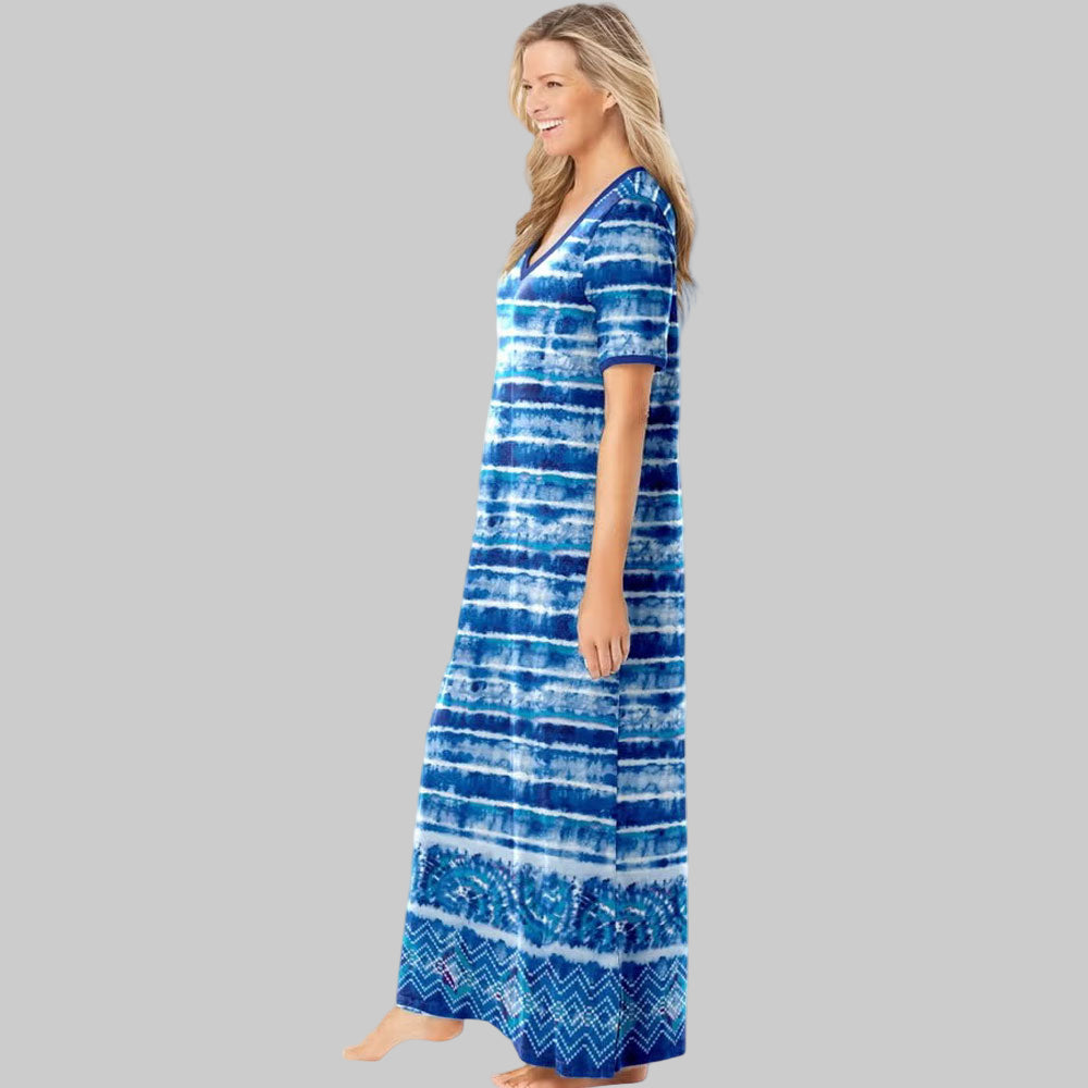 Bright Cobalt Tie Dye Stripe Long T-Shirt Lounger for Plus Size Women