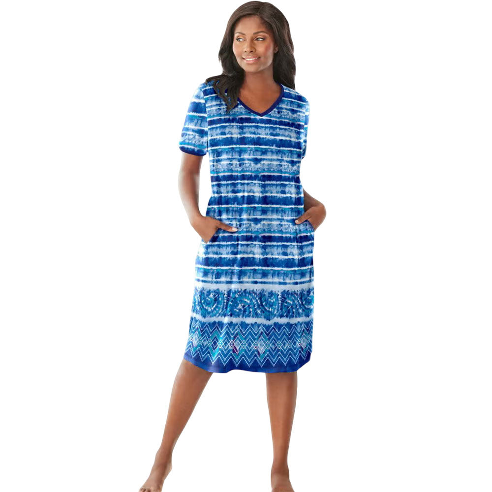 Bright Cobalt Tie Dye Stripe Short T-Shirt Lounger for Plus Size Women