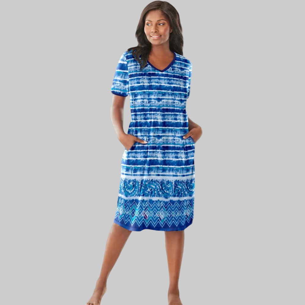 Bright Cobalt Tie Dye Stripe Short T-Shirt Lounger for Plus Size Women