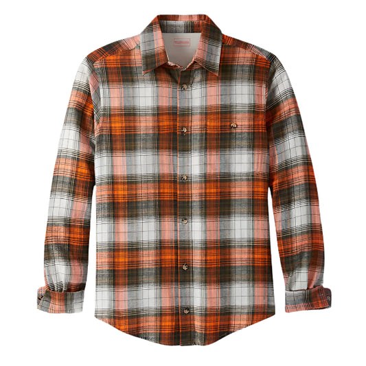 Bright orange plaid flannel shirt with button front and chest pocket, made from soft double-brushed cotton.