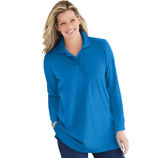 Bright cobalt long-sleeve polo shirt with button placket and collar, shown on a plus-size mannequin in soft knit fabric.