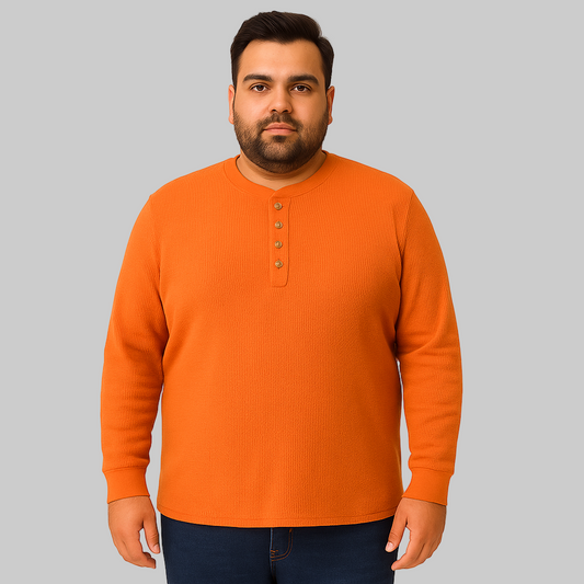 Bright Orange Waffle-Knit Thermal Henley Tee for men with five-button placket — soft cotton-blend thermal shirt for cool weather.