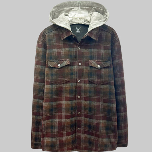 Brown plaid flannel shirt jacket with removable grey hood, button front, and flap chest pockets, displayed on a neutral background.
