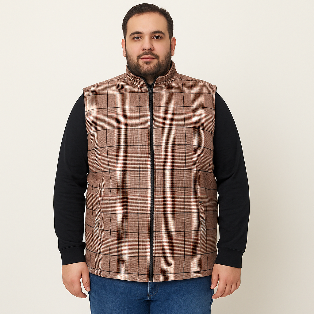 Brown Checkered Plus Size Sleeveless Puffer Vest PSM-9992