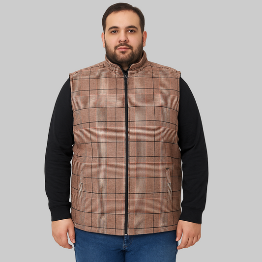Brown Checkered Plus Size Sleeveless Puffer Vest PSM-9992