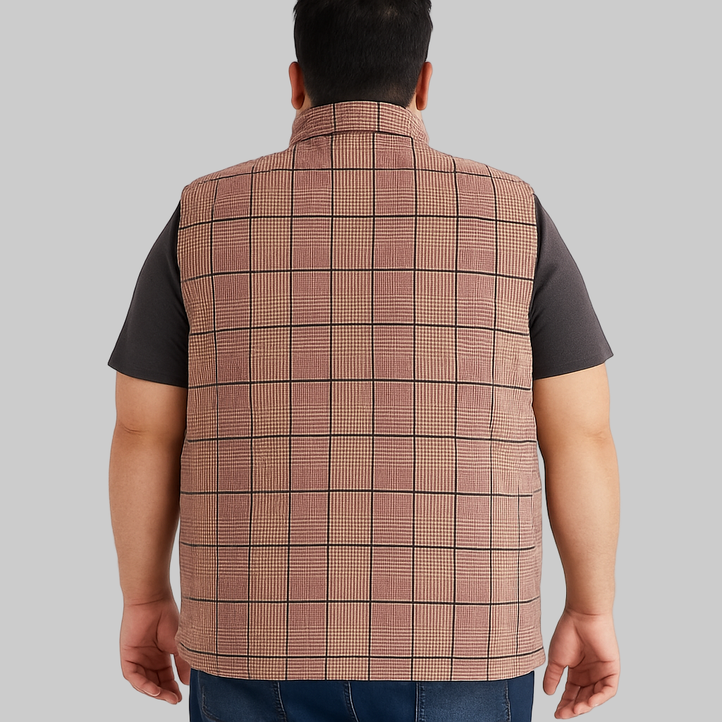 Brown Checkered Plus Size Sleeveless Puffer Vest PSM-9992