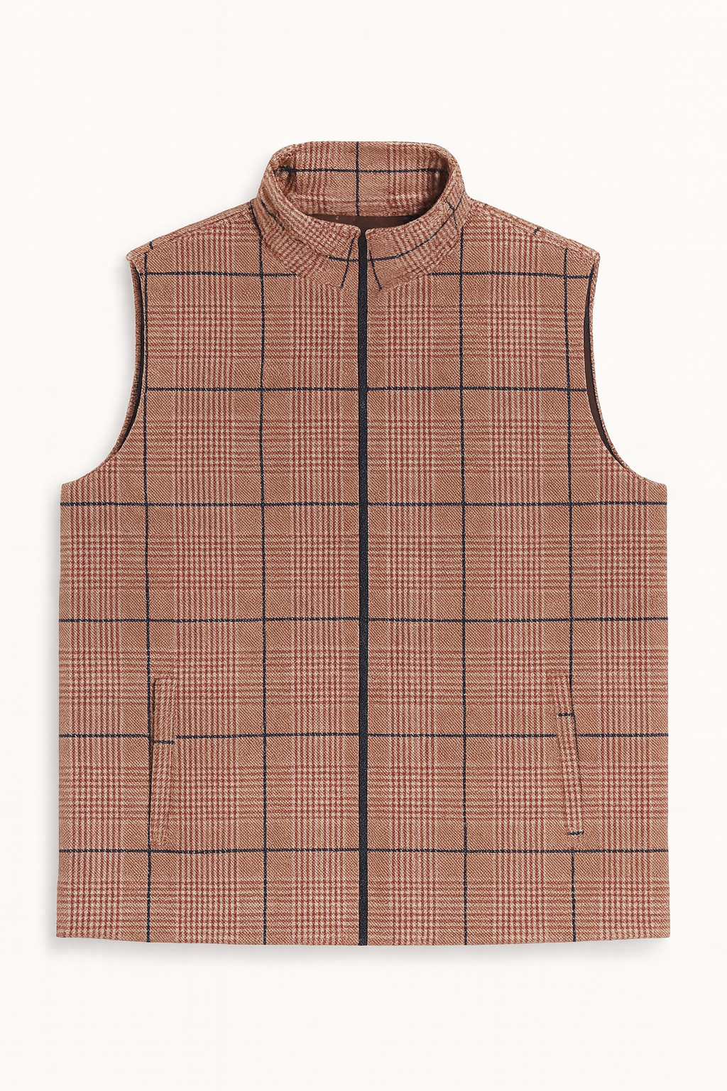 Brown Checkered Plus Size Sleeveless Puffer Vest PSM-9992
