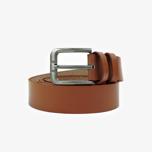 Brown plus-size leather belt with a silver buckle, designed for a comfortable and stylish fit.