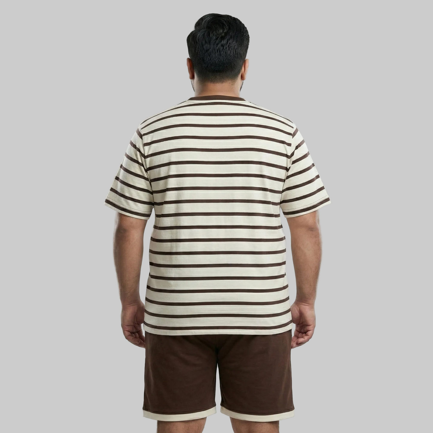 Brown stripe yarn-dyed jersey co-ord set with t-shirt and shorts big and tall XL to 6XL