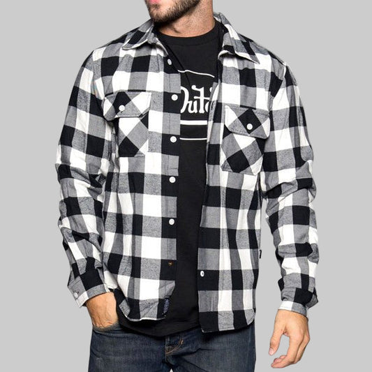 Flat-lay of Buffalo Plaid Holiday Shirt on neutral background