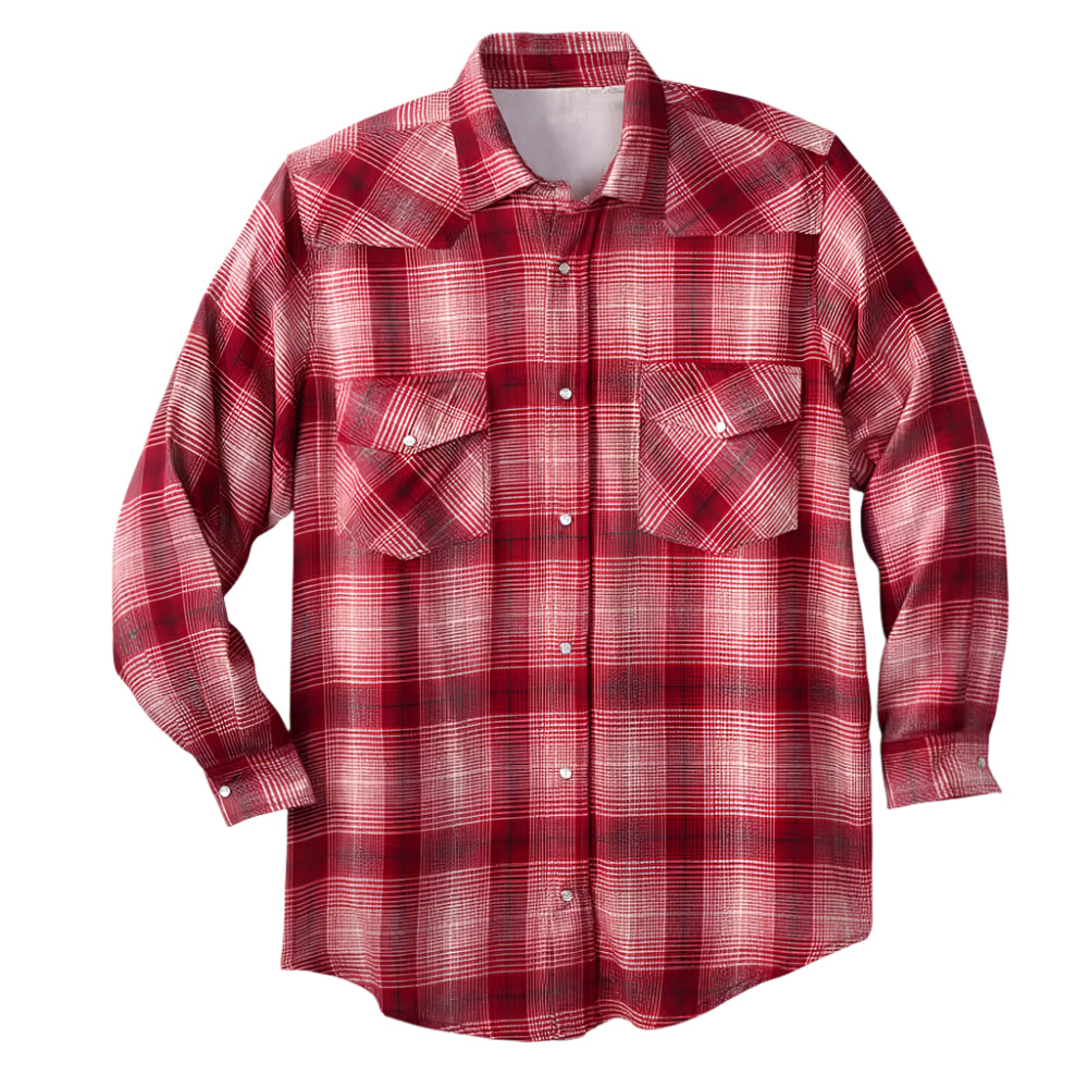Burgundy ombre snap flannel shirt with snap-front, chest pockets, and classic collar — made with soft, stretch fabric.