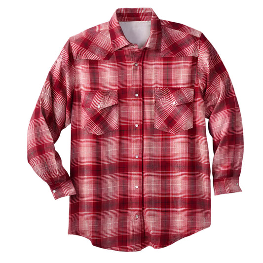 Burgundy ombre snap flannel shirt with snap-front, chest pockets, and classic collar — made with soft, stretch fabric.