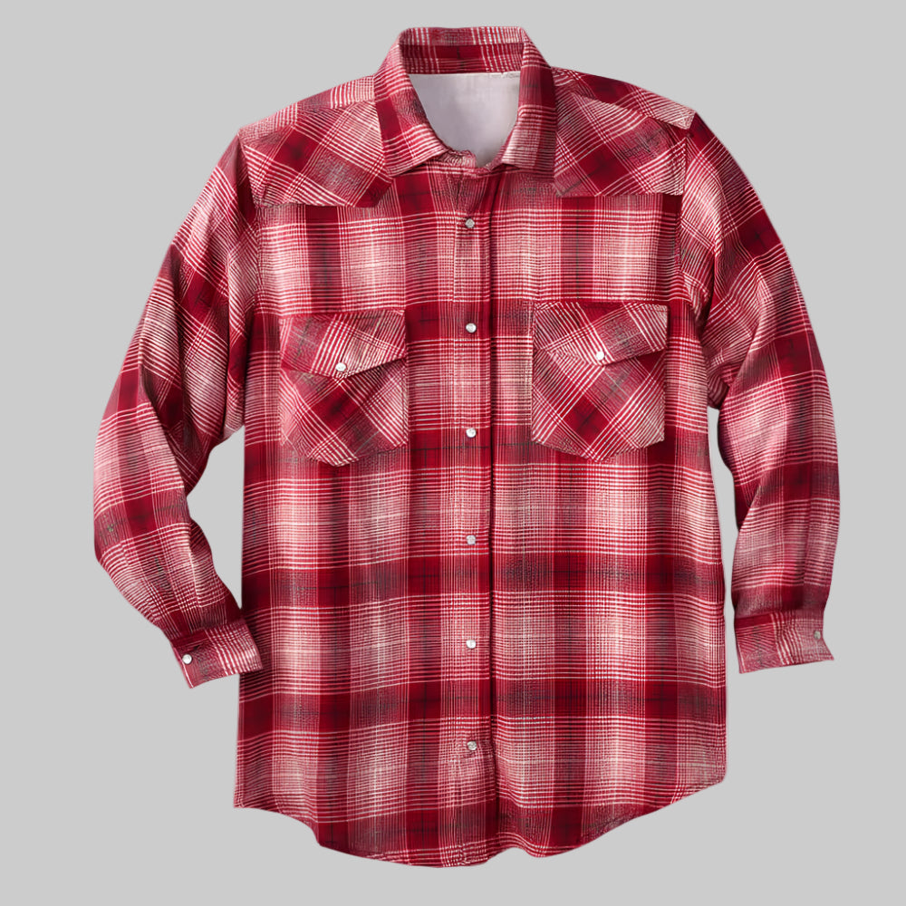 Burgundy ombre snap flannel shirt with snap-front, chest pockets, and classic collar — made with soft, stretch fabric.