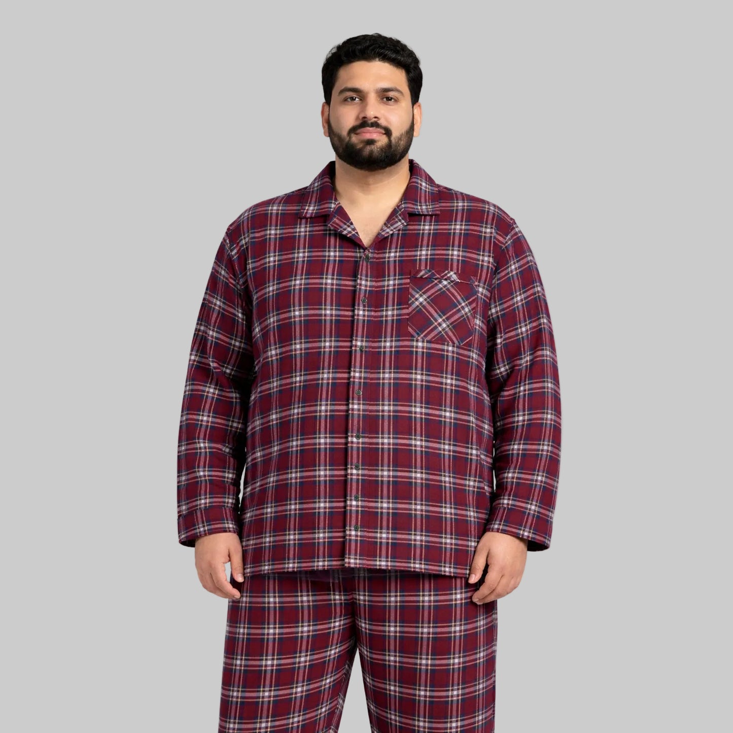 Burgundy plaid flannel night shirt with button front and long sleeves